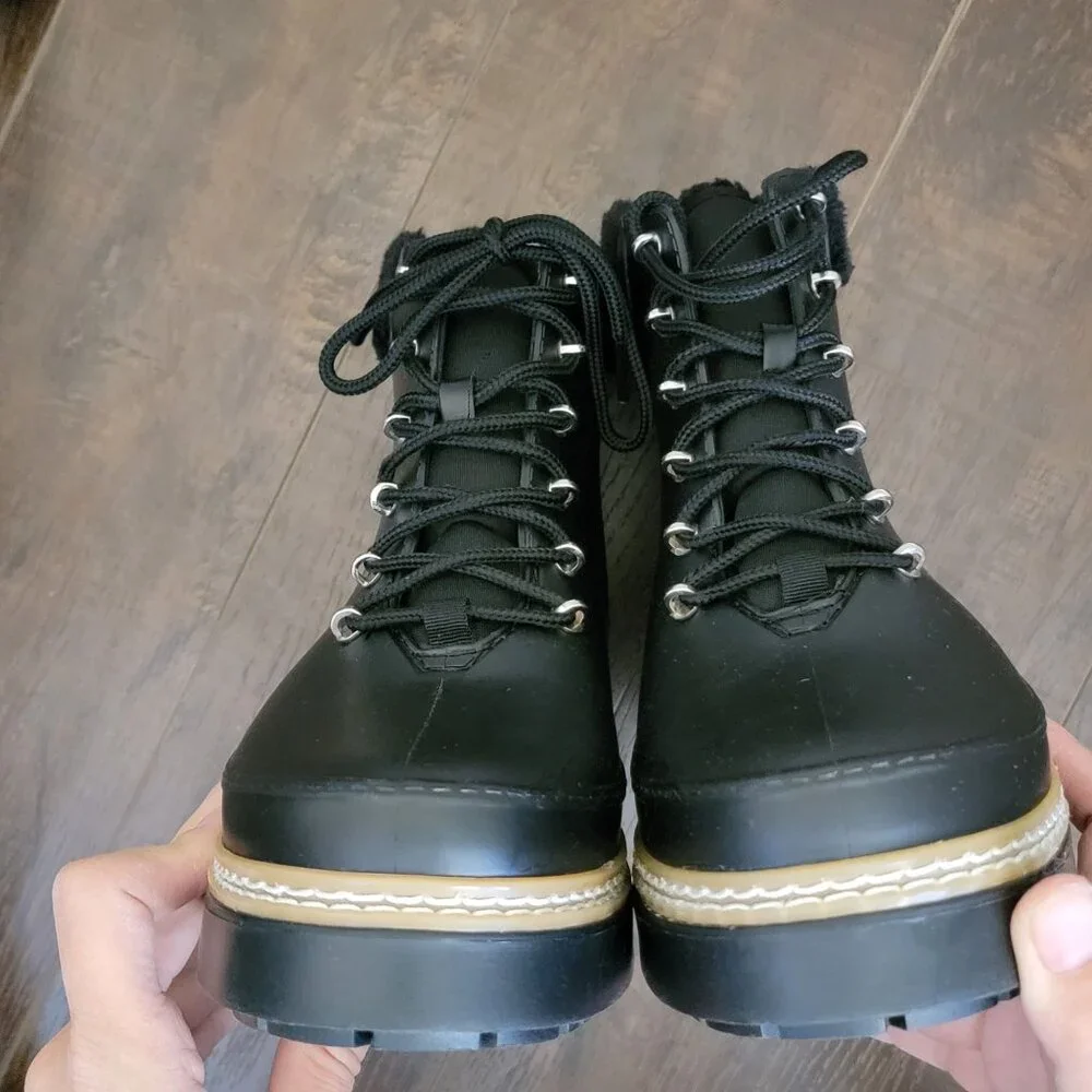 Marc Fisher Combat Rain Boots Womens 9 Chic Shiny City Fur Trim Whimsygoth